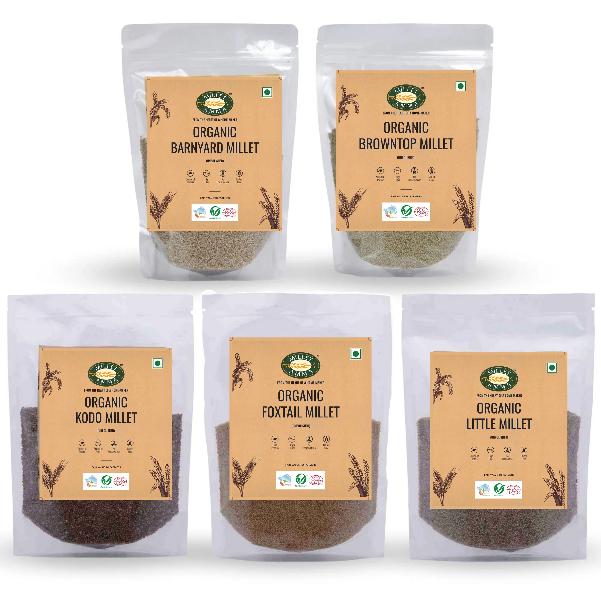 Siridhanya Grain Combo Organic Millet Pack of 5 (5kg-Each 1kg) | Positive Millets due to its balanced Nutritional Profile | Kodo , Foxtail, Little, Barnyard , Browntop Millets 5 kgs